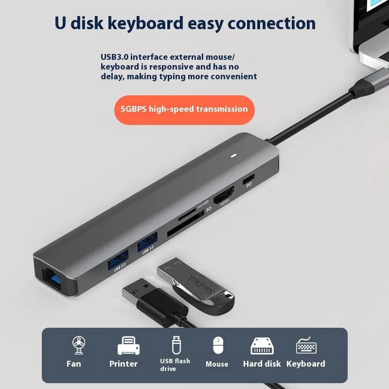 7-in-1 USB C computer hub with SD card slots and charging port for laptop connectivity expansion