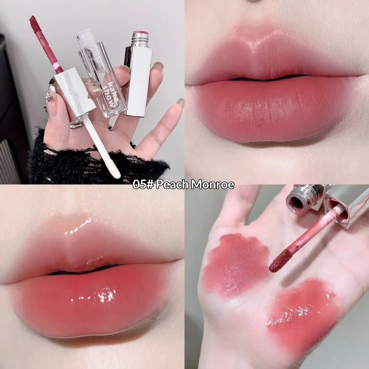 Double-ended matte velvet lip gloss set with five shades: Raspberry Sweet Peach, Candied Tomato, Cold Brew Oolong, Maple Honey Soft Candy, Peach Monroe