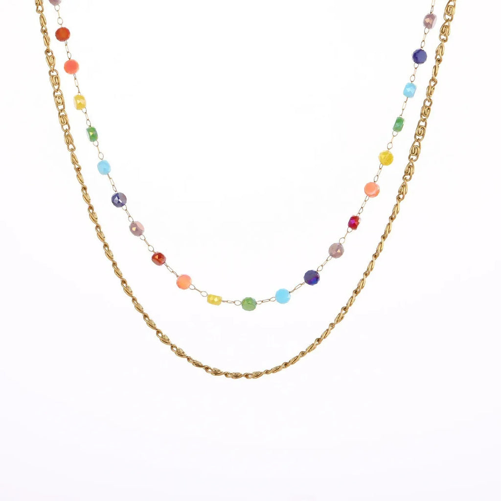 Colorful beaded stainless steel gold-plated double-layer clavicle chain necklace for women with geometric pendant