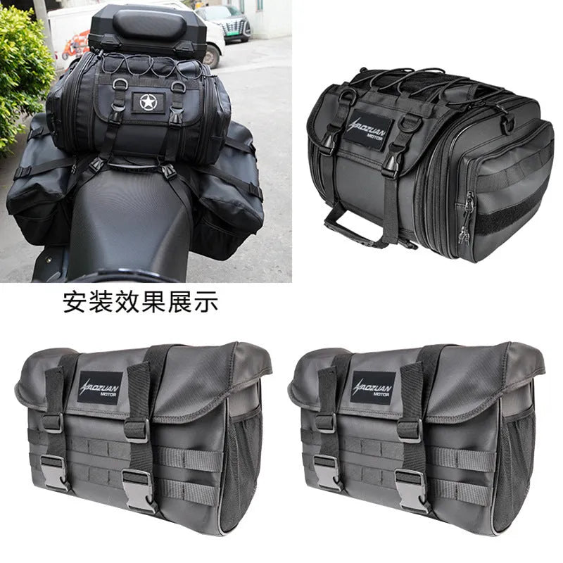 Motorcycle rear seat bag and side panniers set 20L 22L black waterproof universal fit