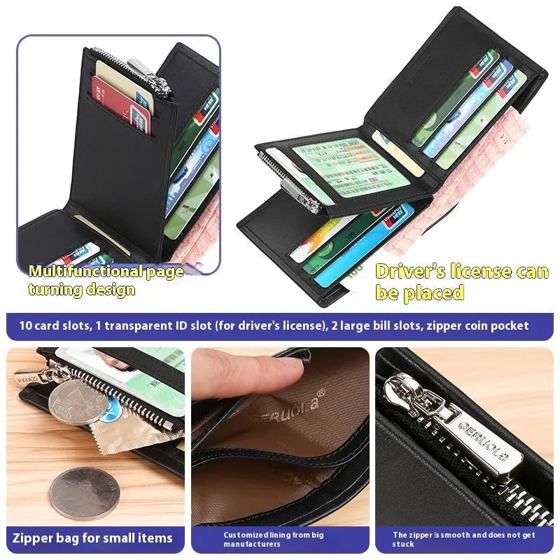 Men's brown leather wallet with zipper closure and rhombus pattern design