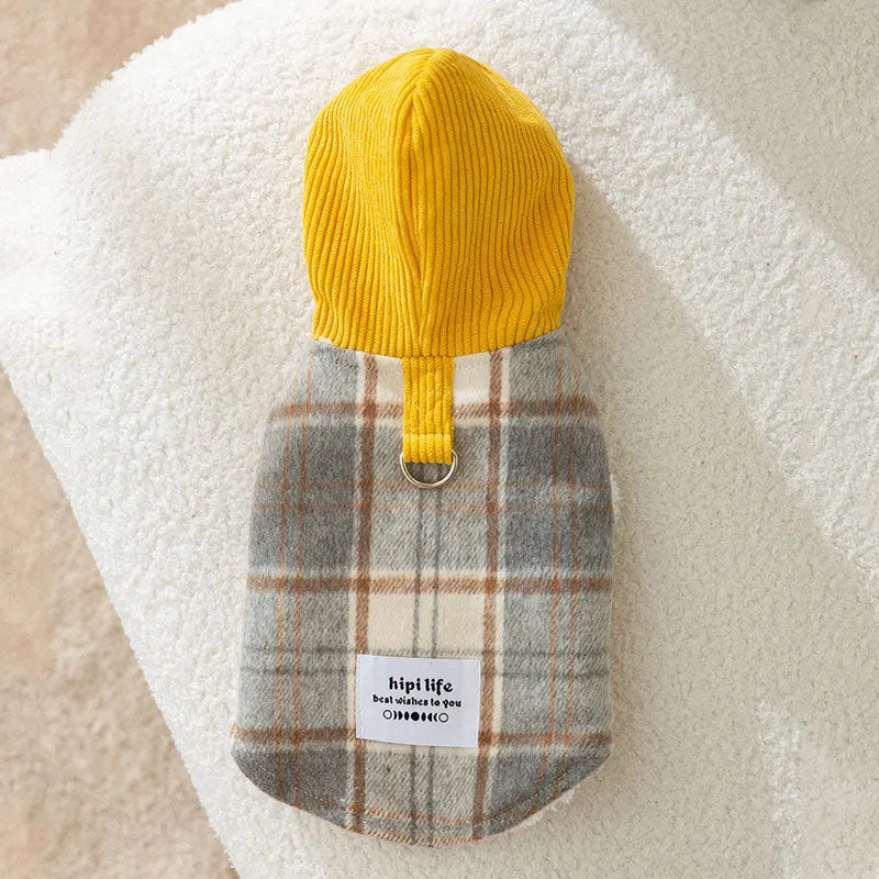 Blue hooded dog vest with chessboard grid pattern in corduroy fabric for autumn winter wear