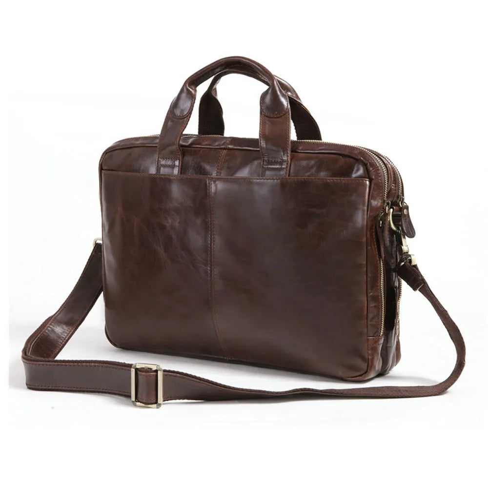 Brown men's business briefcase made from first layer cowhide leather with 18-inch capacity