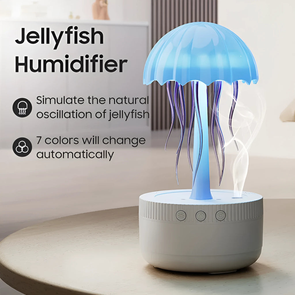 White round plastic USB humidifier with rotating colourful light, single fog outlet, and 0.5-1L water tank