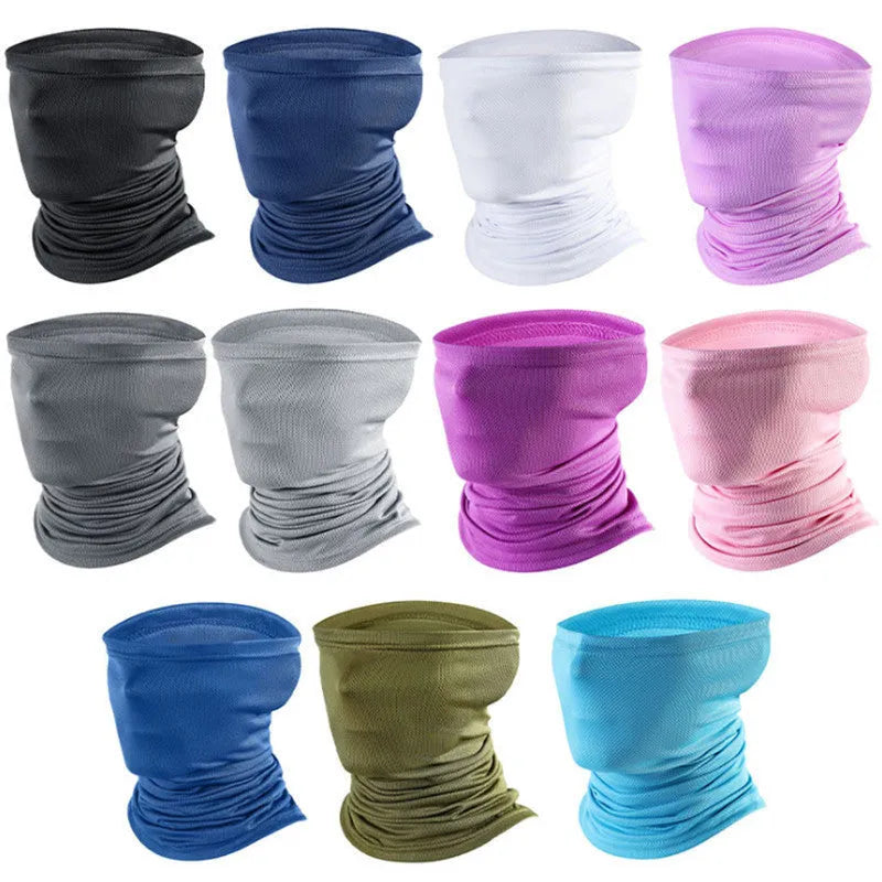 Multifunctional sports scarf in polyester fabric with filter pockets shown in various colours