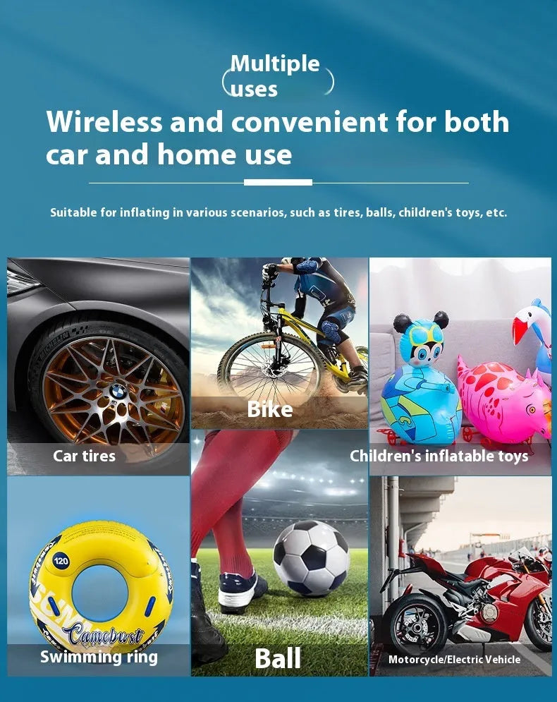 Portable wireless tyre inflator with ABS PC construction and power bank flashlight
