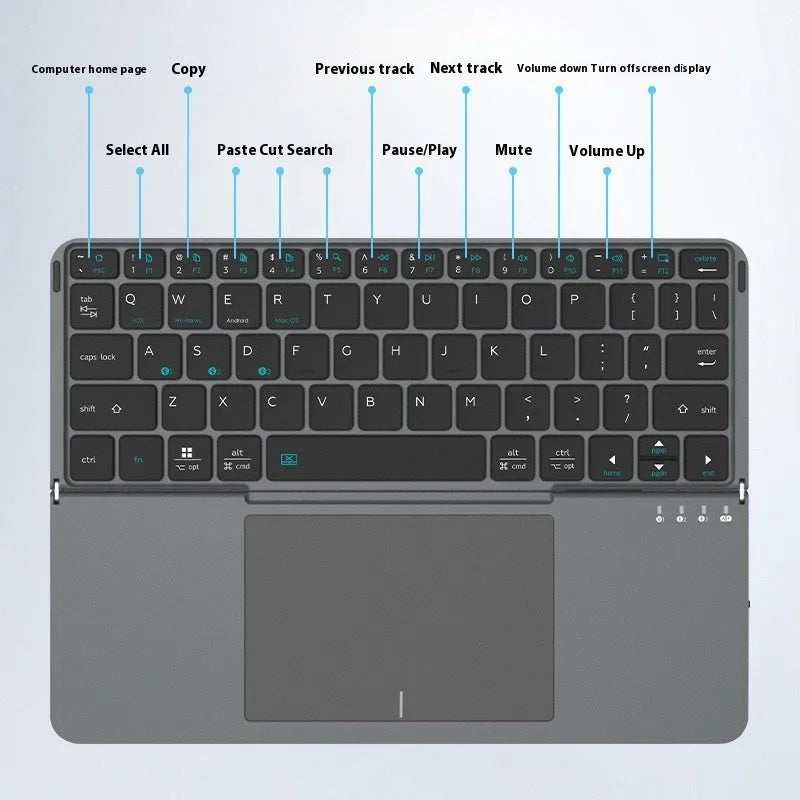 Grey wireless Bluetooth folding keyboard shown open and folded for use with phones and tablets