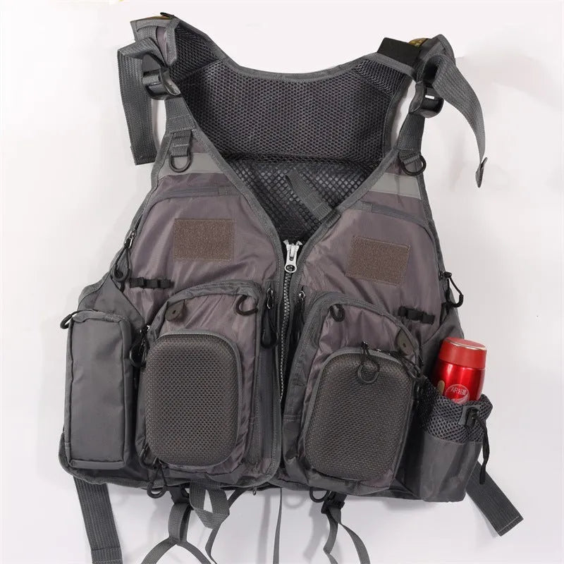 Grey fishing life jacket with chest pockets, reflective strips, and adjustable buckle straps