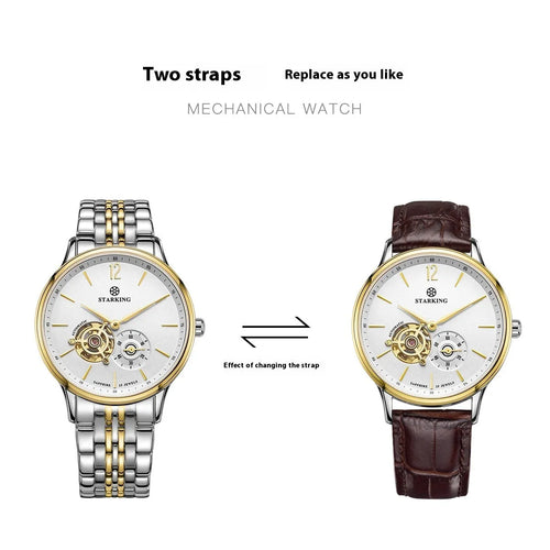 Automatic mechanical men's watch with brown leather strap and stainless steel case