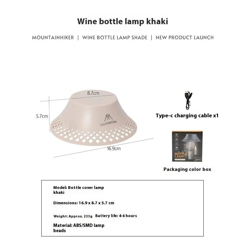 Beige wine bottle-shaped camping lantern with USB-C port and three light mode gear.