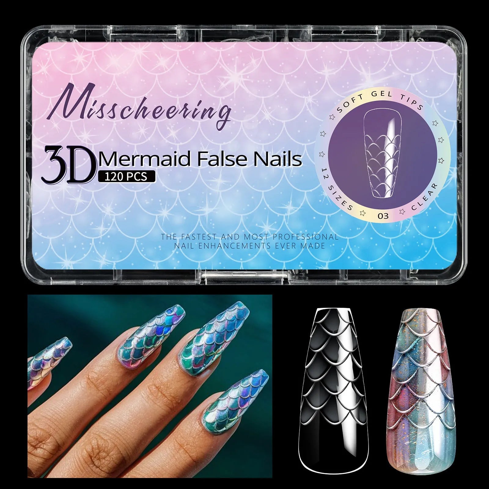 Pack of 3D Scale Long Shaping Nail Tips showing textured surface, labelled with Frigate Box variant code.