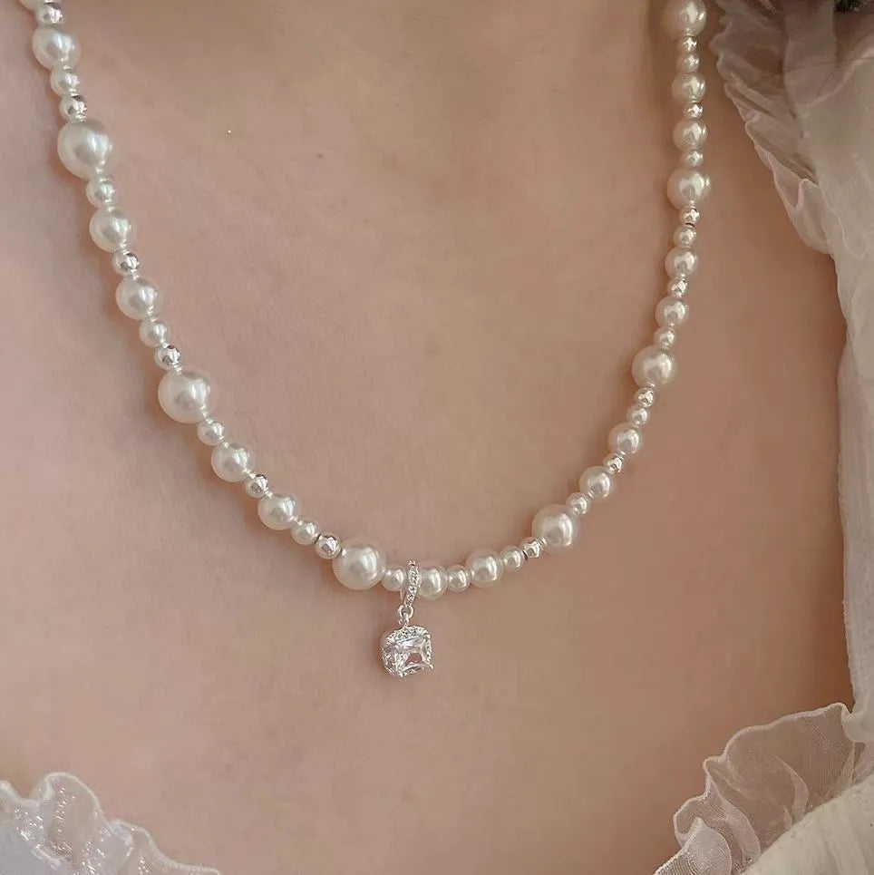 Cube sugar pearl necklace Korean style star pendant clavicle chain for women copper electroplated