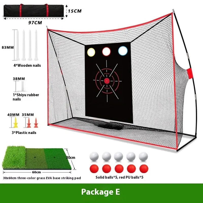 Golf swing wedge training net with straw mat and practice balls set up for chip shot practice
