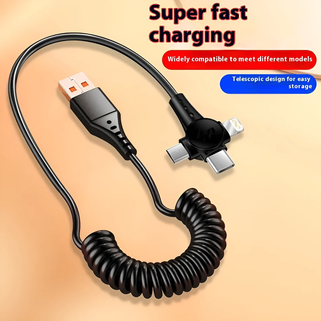 Black spring telescopic charging cable with Type-C, Lightning and Micro USB connectors extended to 1.5 metres