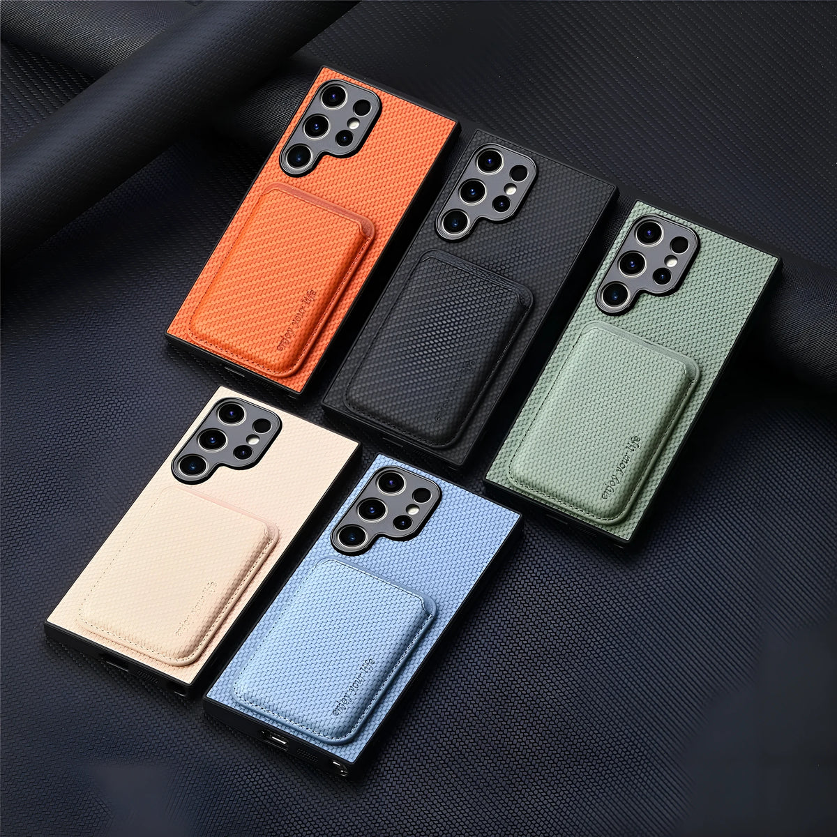 Samsung phone case with two-in-one suction Magsafe card holder in leather finish, black colour, side view