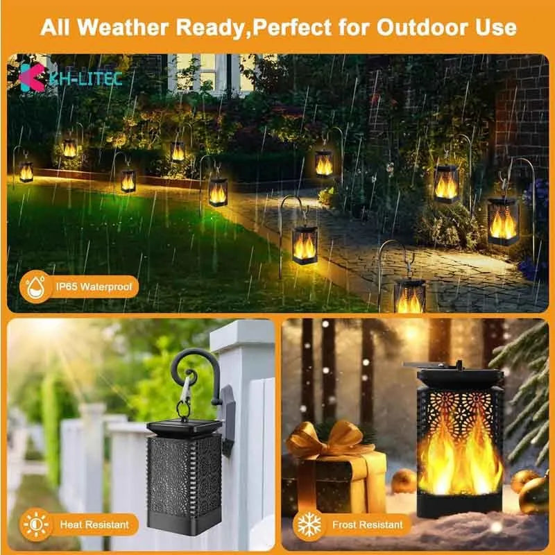 Set of four black solar-powered flame effect LED lanterns for outdoor garden decoration.