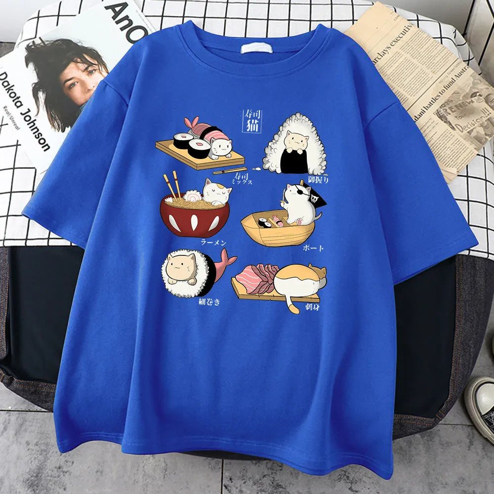 Men's black cotton T-shirt with white cat sushi cartoon design on chest, short sleeves, loose fit