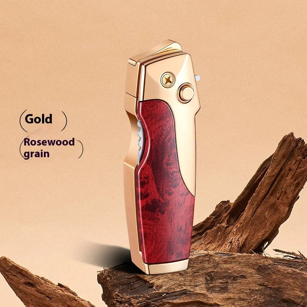 Zinc alloy metal folding lighter tool with integrated knife, shown in a carbon fibre finish.
