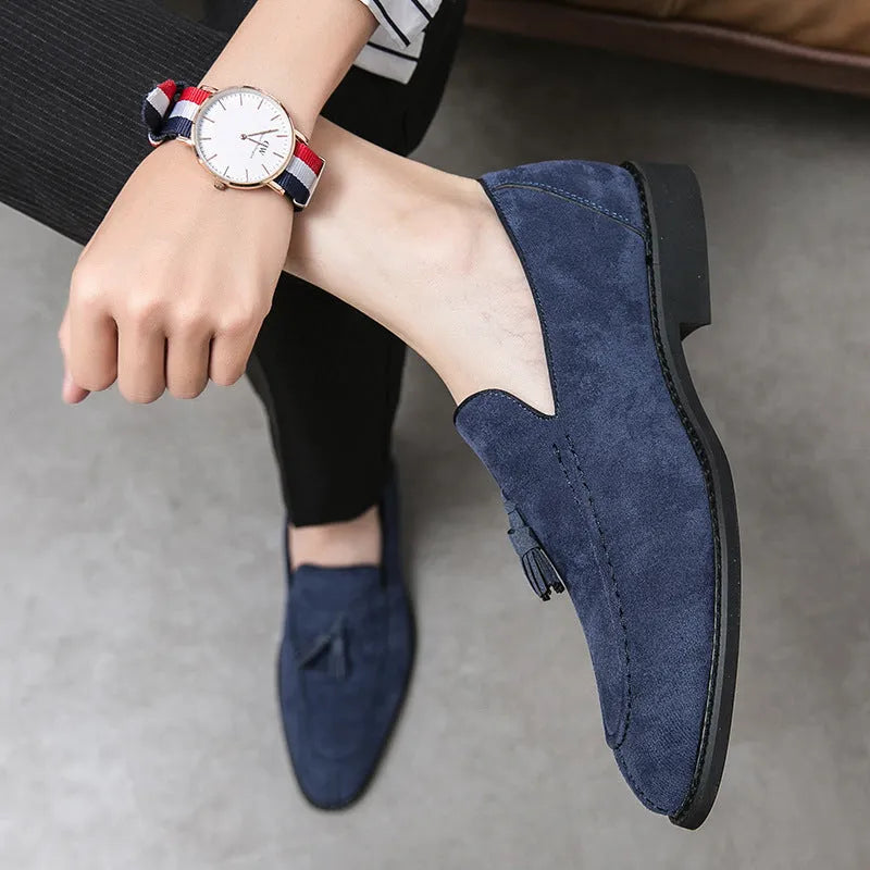 Men's suede matte fashion leather shoes in blue with artificial PU upper and flat heel