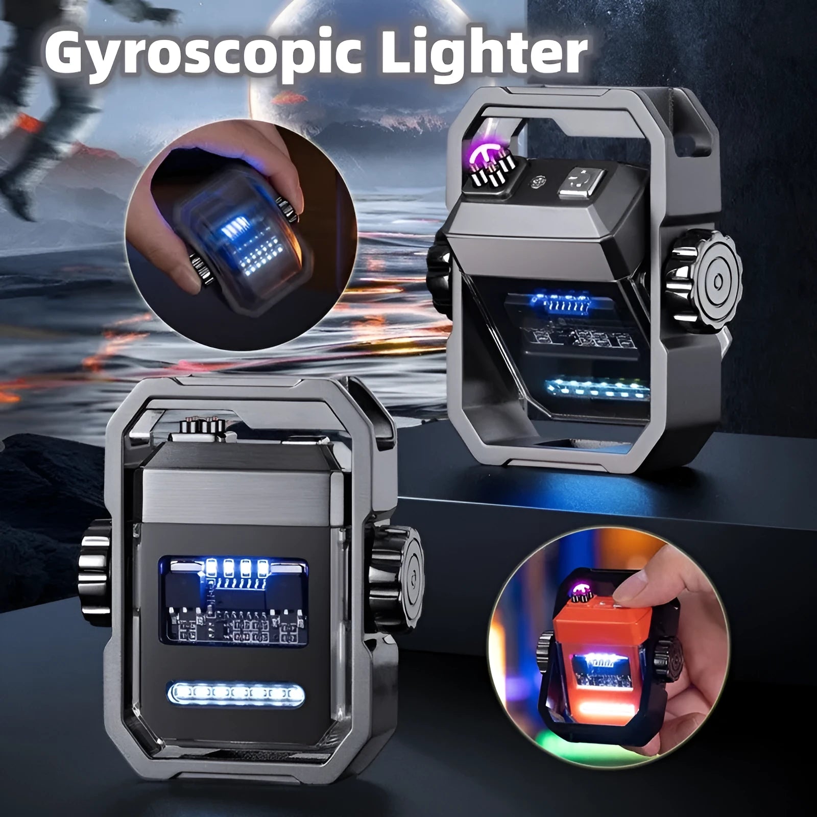 Blue Pulse double arc electric lighter unfolded, showing glowing arcs and mechanical gyroscope.