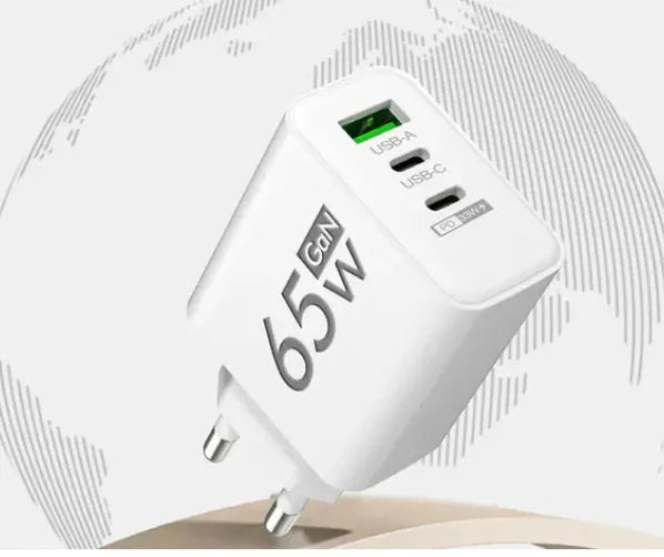 65W white frosted square multi-port charger with 1 USB and 2 PD ports on a white background