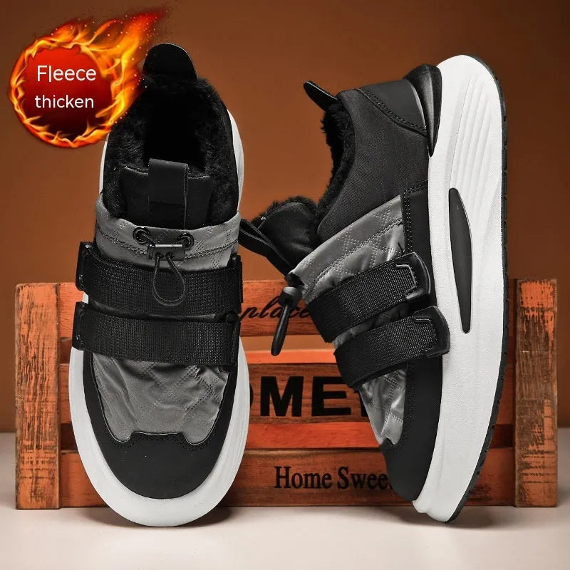 Men's black and gray platform sneakers with lace-up fastening and striped cotton upper on a white background