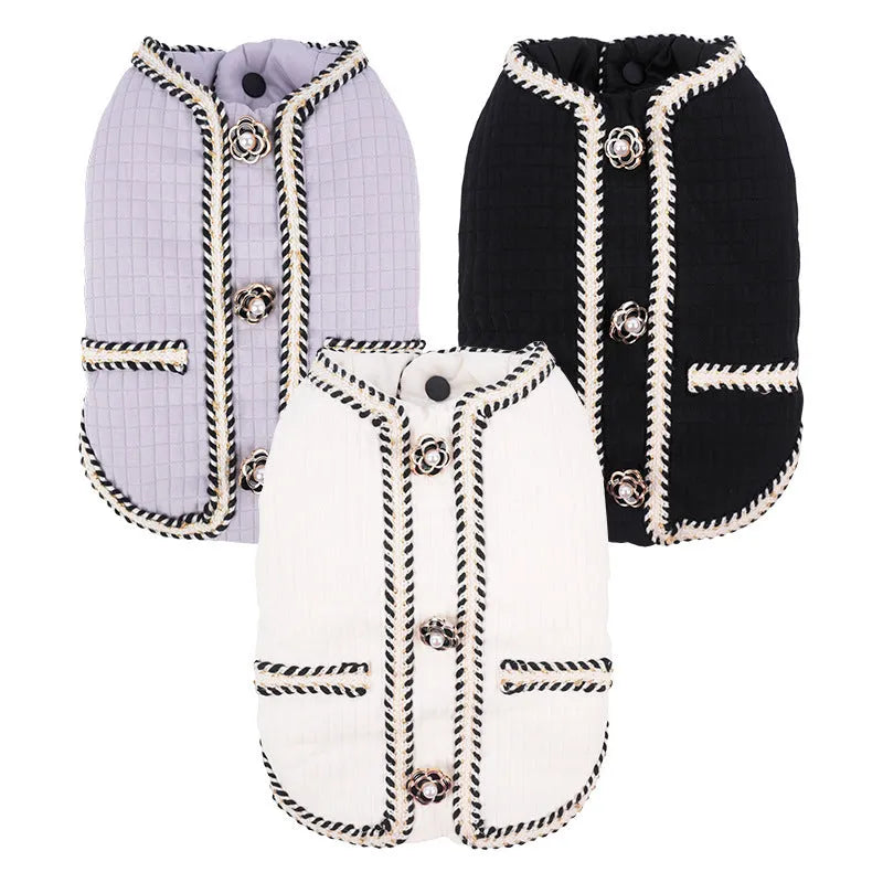 Cartoon-style quilted dog coat in light purple on a small dog.