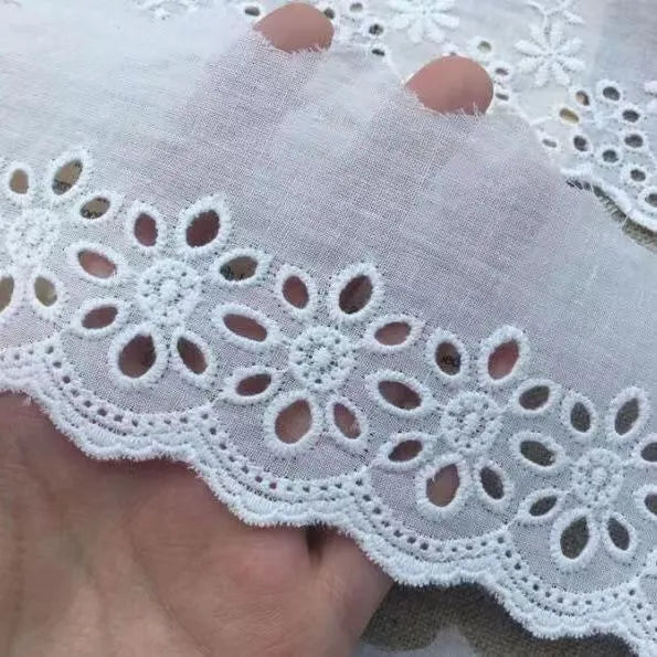 Cotton embroidered lace fabric trim with floral cutout pattern for clothing decoration