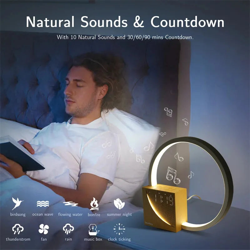 Navy blue touch control bedside lamp with digital alarm clock display and natural sounds functions.