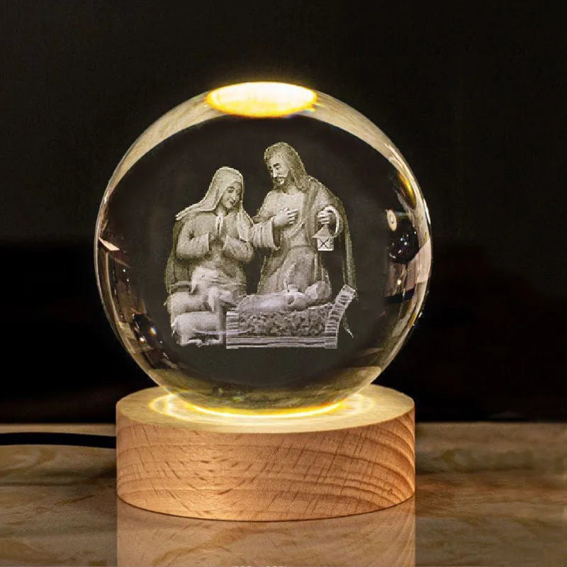 White crystal ball desk ornament with wood base and religious design inside