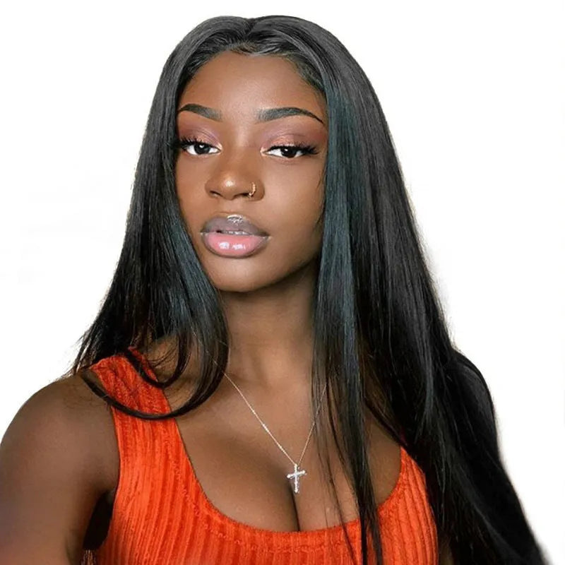 Long straight black synthetic wig with centre-parted bangs on display