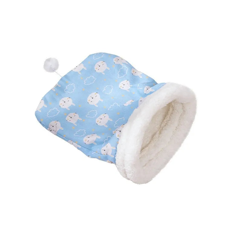 Blue rabbit design flannel cat sleeping bag nest bed measuring 50cm by 40cm.