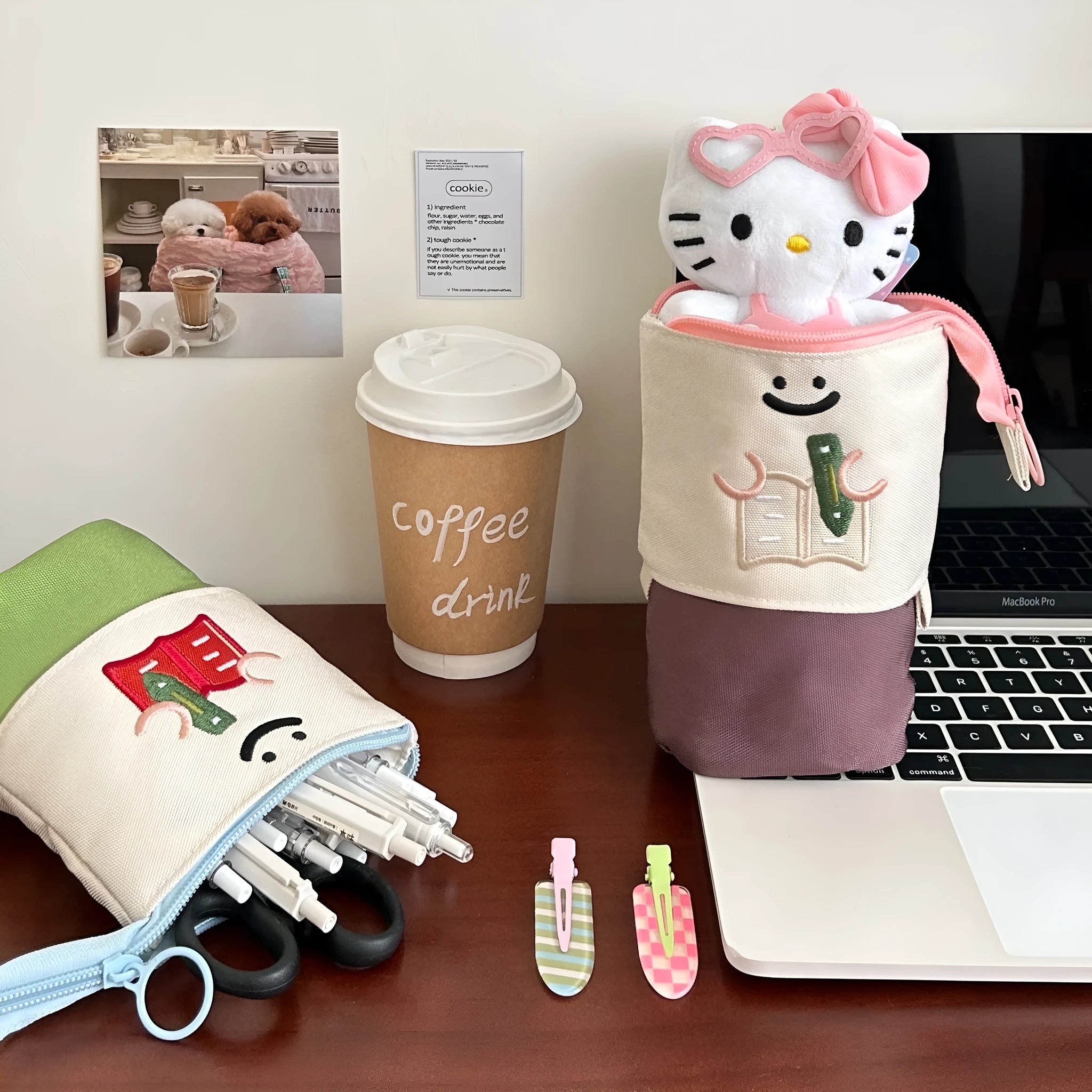Brown Korean style cartoon collapsible pencil case with Oxford fabric 17x14cm dimensions