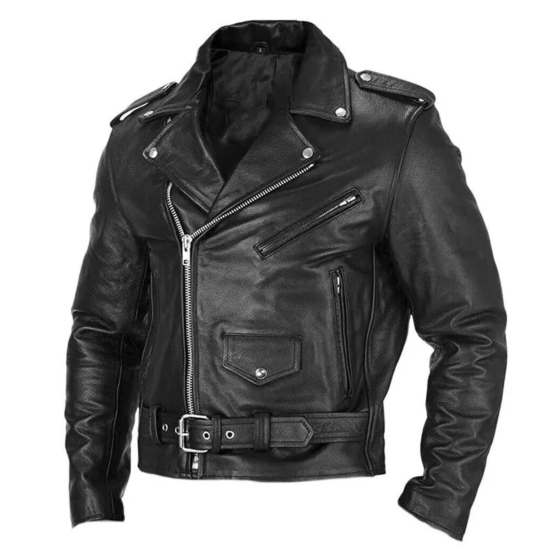 Men's PU leather motorcycle jacket in black, front view, with regular fit and punk style, sizes M to 7XL