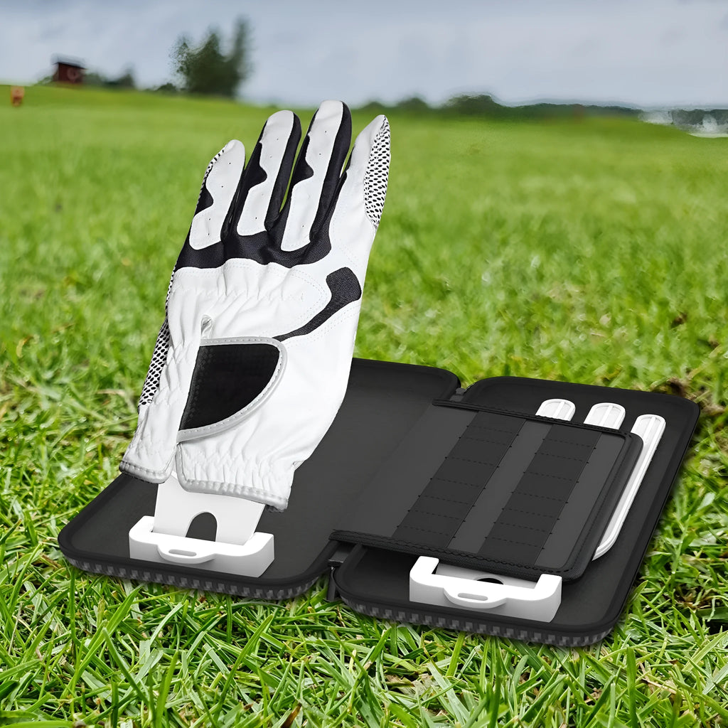 Silver grey golf glove storage bag with two metal support brackets