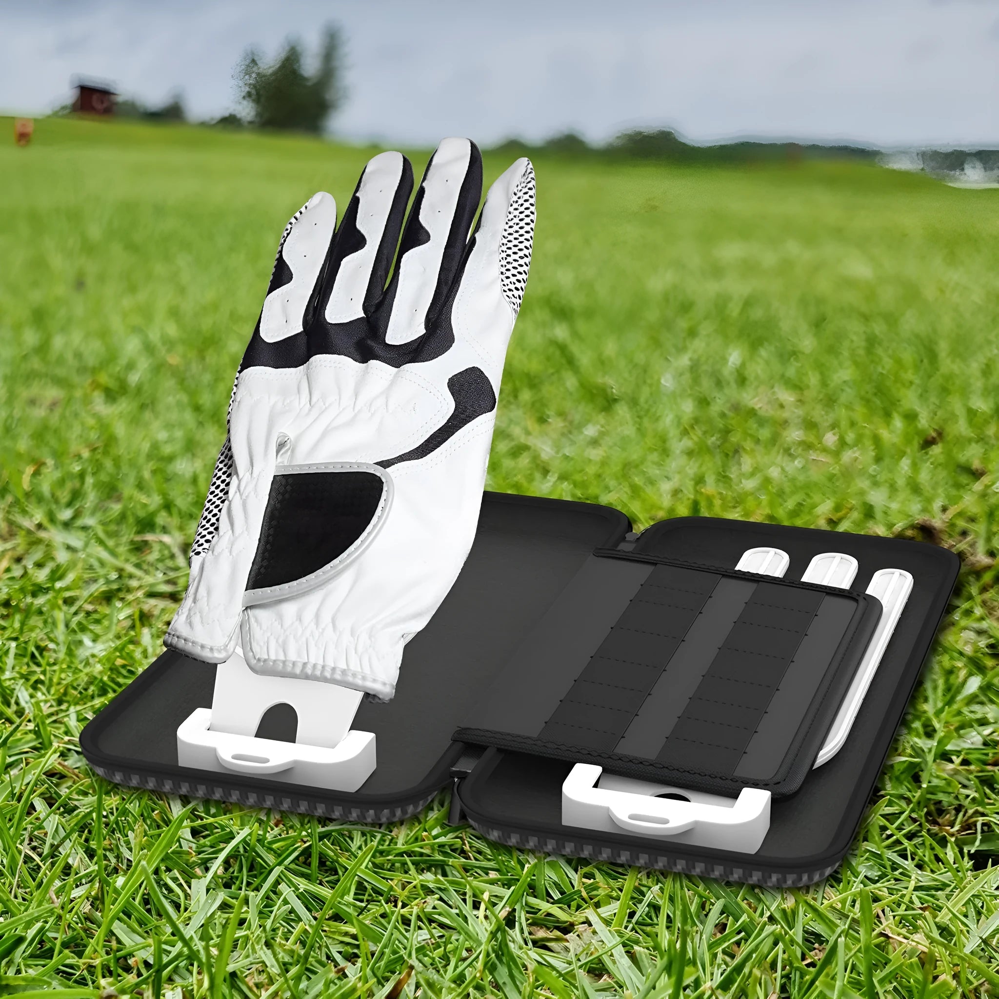 Silver grey golf glove storage bag with two metal support brackets