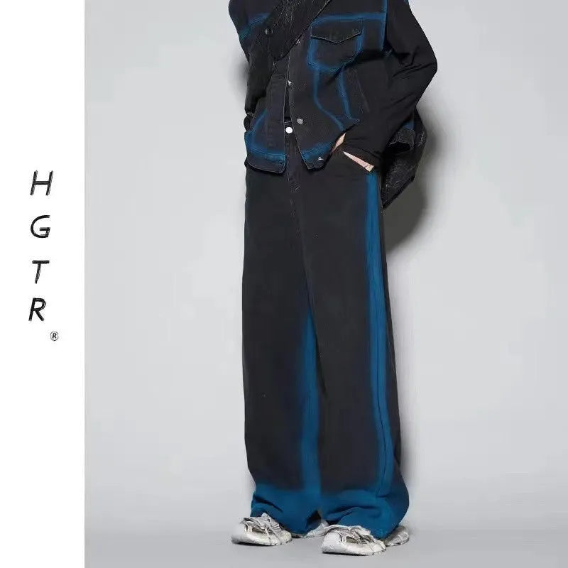 Blue distressed vest and jeans set with colour gradient spray effect and fleece lining