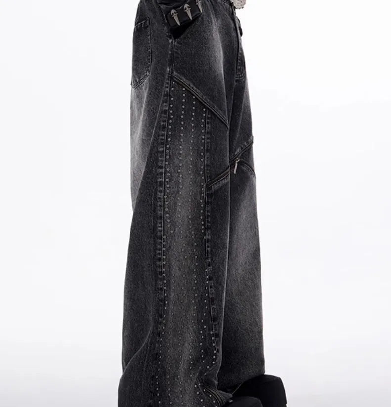 Black and grey structured zipper wide leg pants with washed denim fabric Korean style