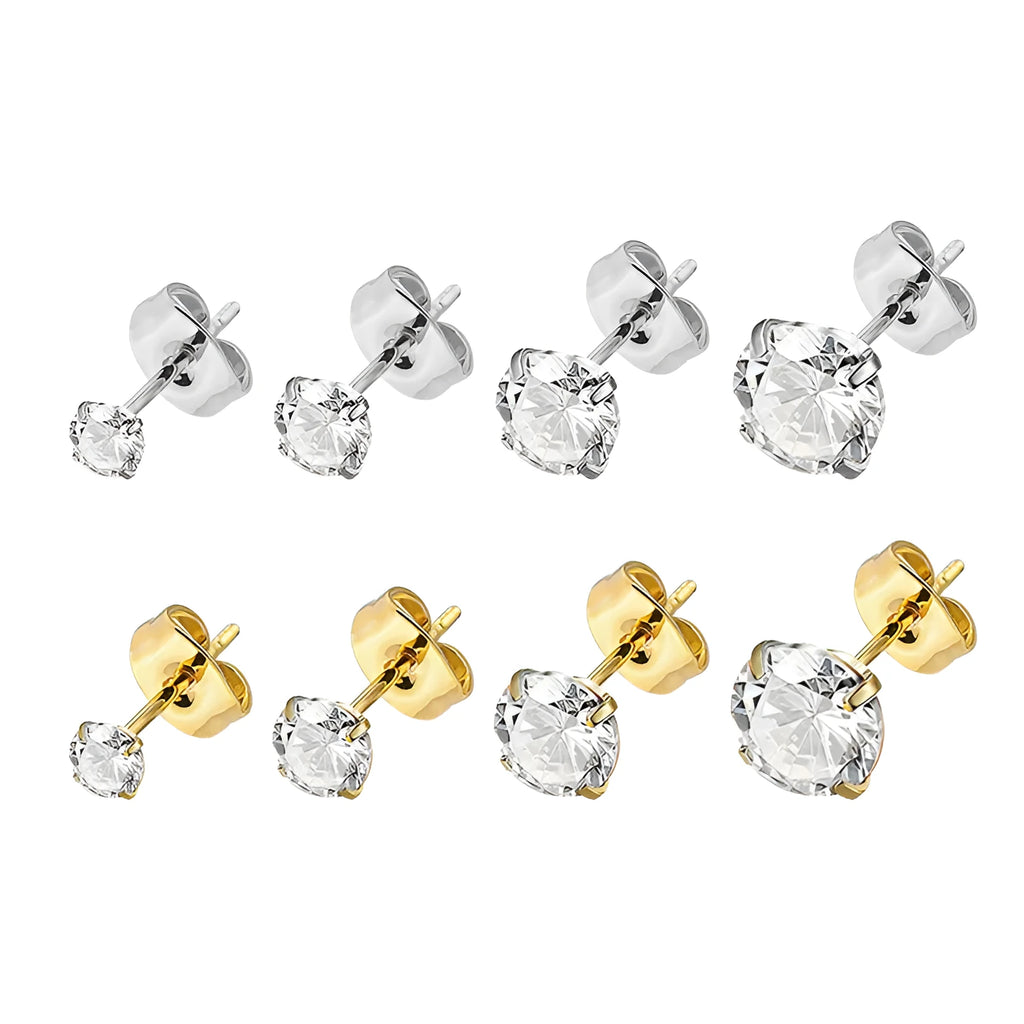 Titanium steel geometric zircon stud earrings in round and square designs with gold and steel colour options