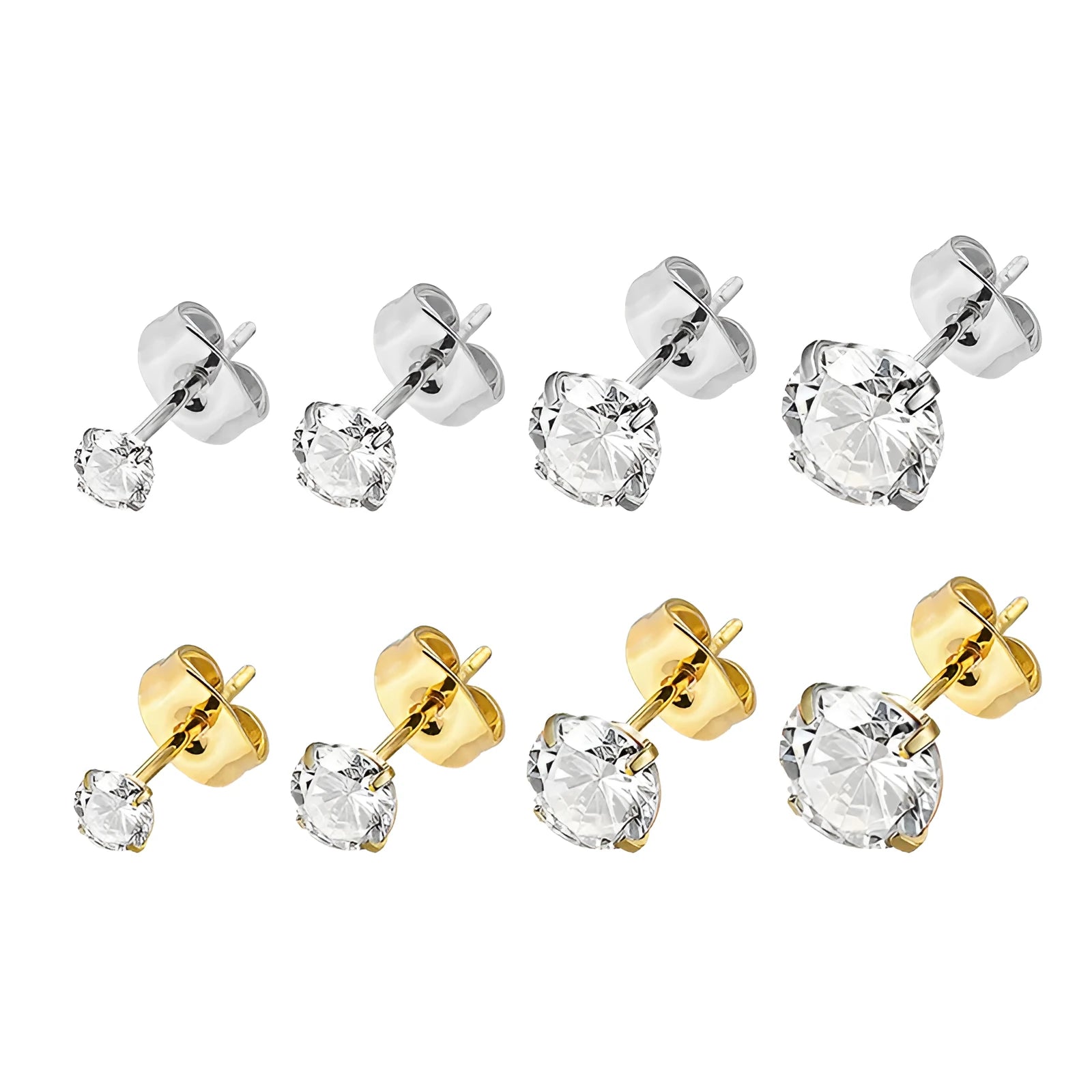 Titanium steel geometric zircon stud earrings in round and square designs with gold and steel colour options