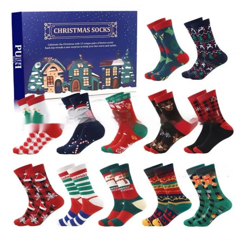 Seven different Christmas stocking blind boxes with colourful resin decorations for holiday displays