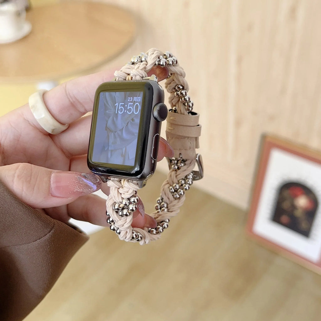 Grey elastic steel ball chain watch strap on wrist compatible with Apple Watch 38mm to 45mm