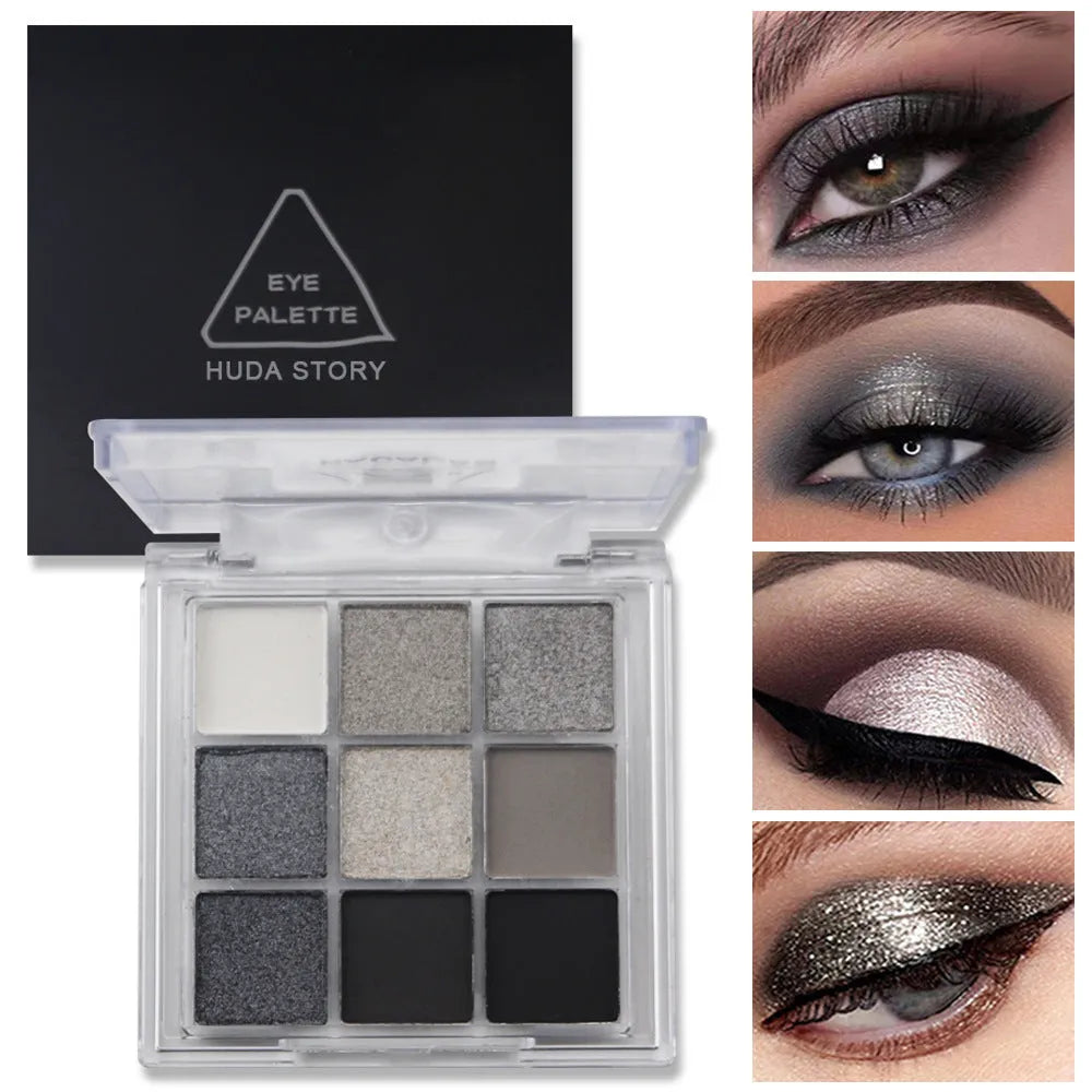 Smoked nine-colour eye shadow palette showing white, silver, black, and iron grey shades