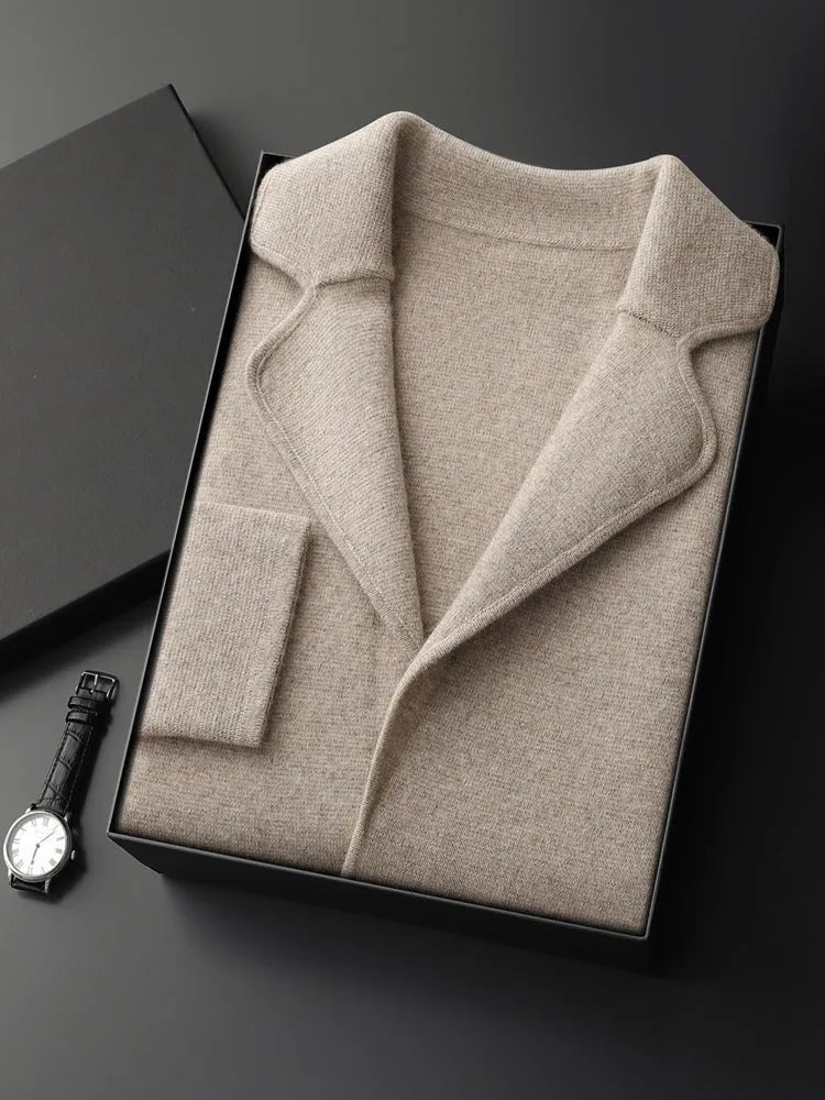 Men's loose fit cashmere cardigan jacket in light grey on a hanger