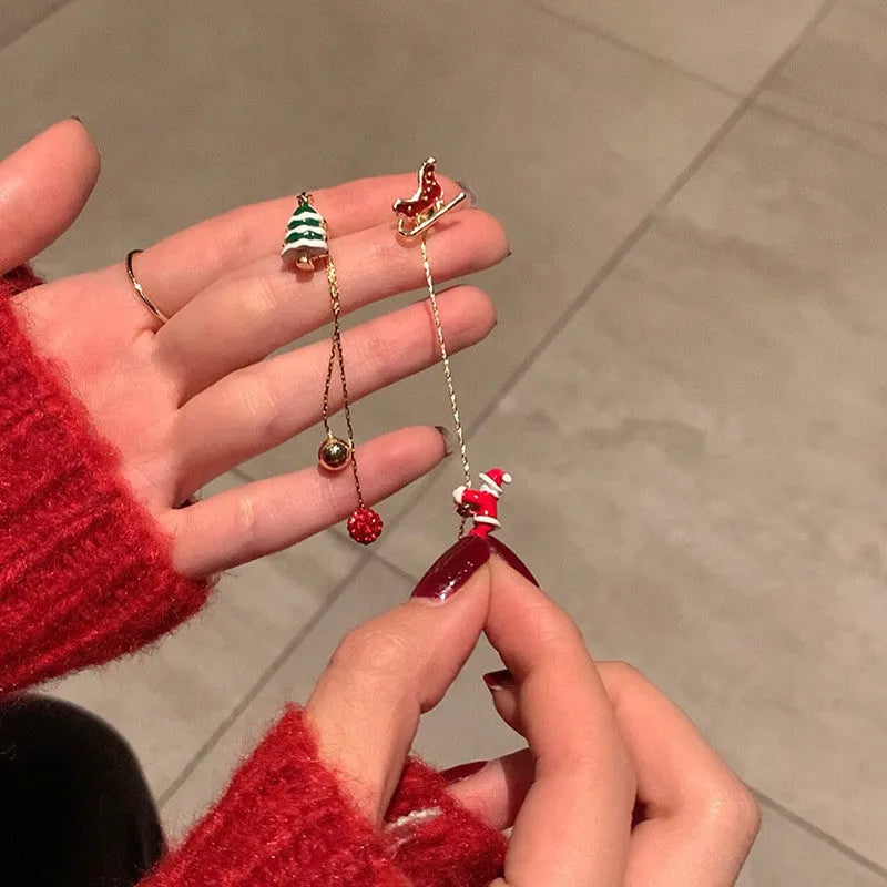 Moving Santa Claus long tassel asymmetric drop earrings for women with alloy finish