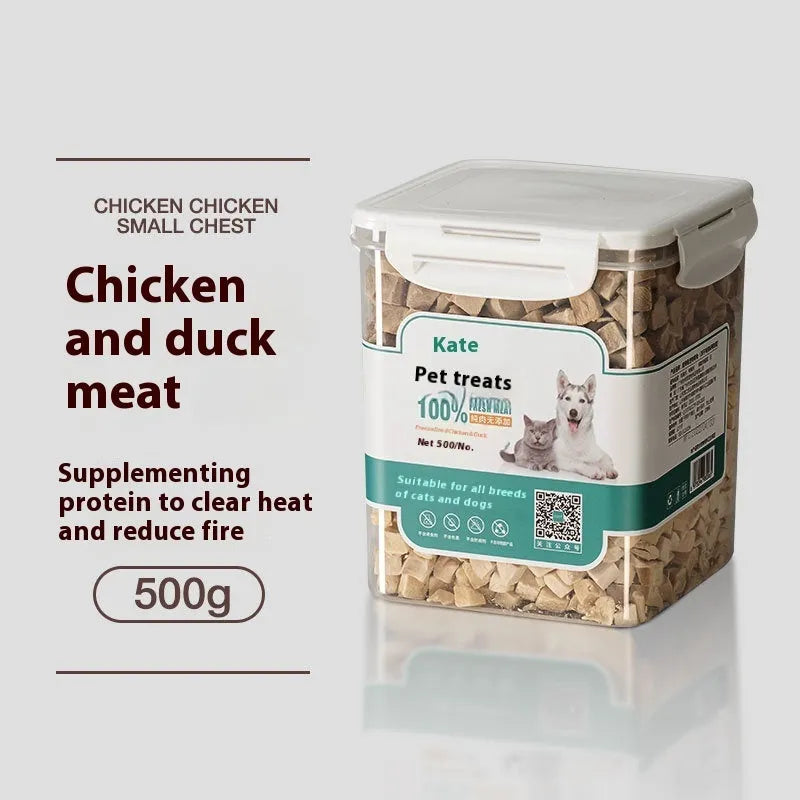 500g chicken freeze-dried cat treats in bag or can packaging showing high-grade chicken pieces