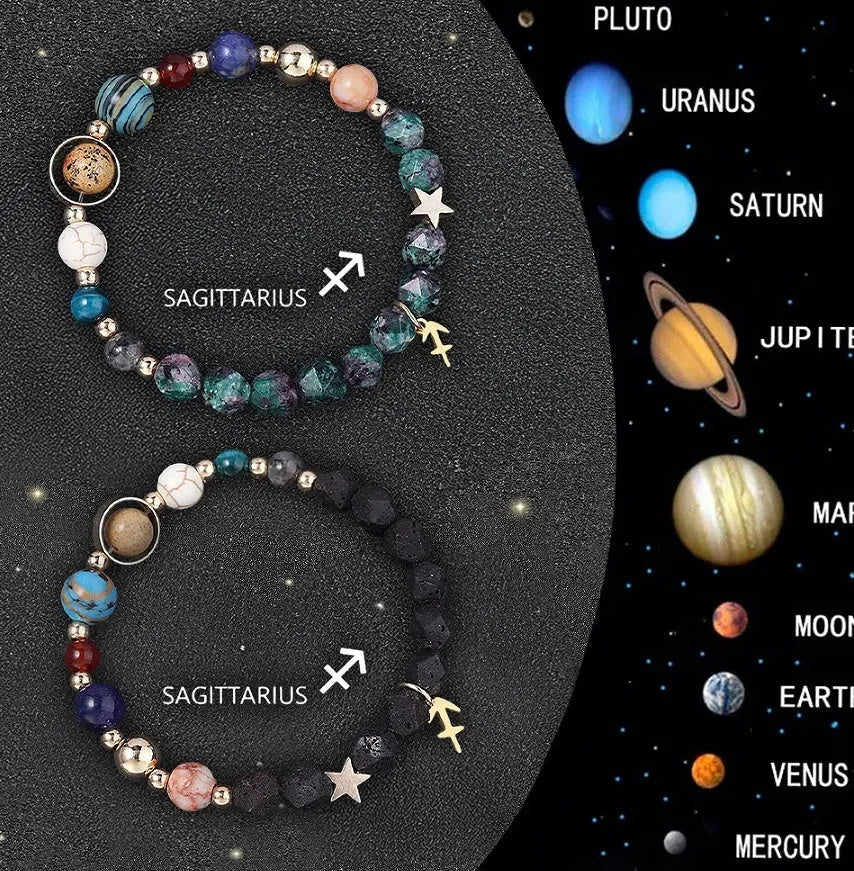 Natural stone beaded bracelet set showing zodiac sign designs on adjustable elastic cord