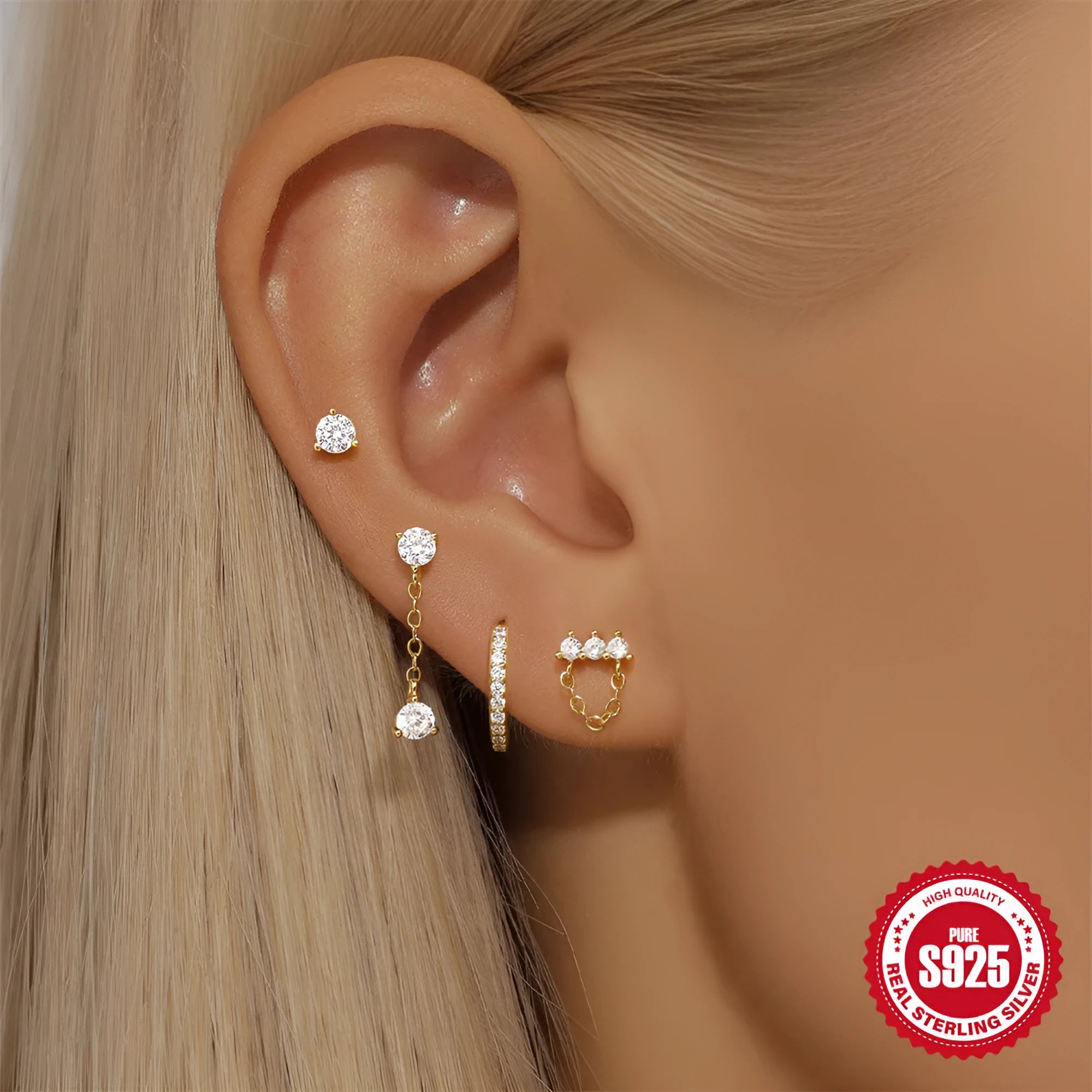 S925 sterling silver clover petal earrings with geometric design in gold electroplated finishes