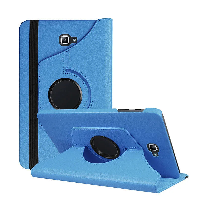 Rotating leather tablet case in clamshell design showing T-series compatibility and multiple colour options