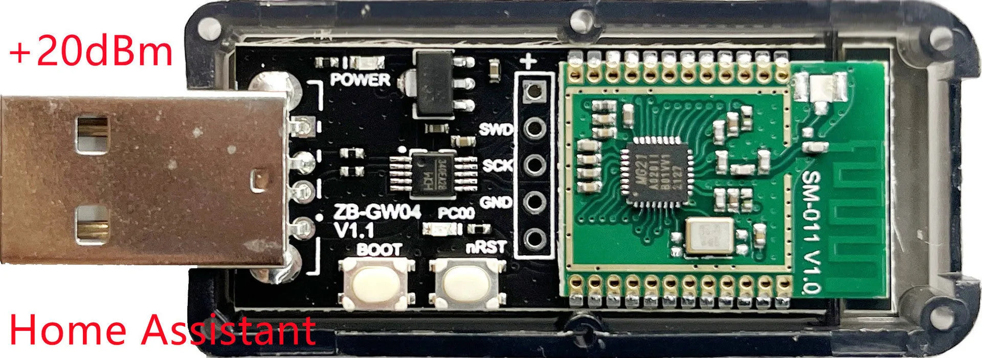 Silicon Labs EFR32MG21 Zigbee USB dongle with plastic shell for smart home gateways.